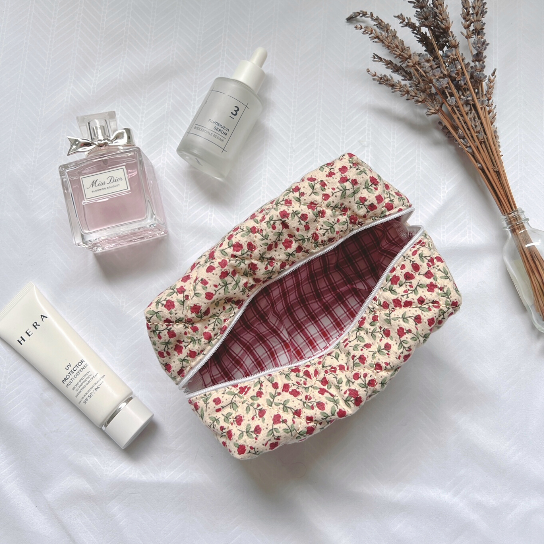 Quilted Cotton Red Floral Makeup Bag