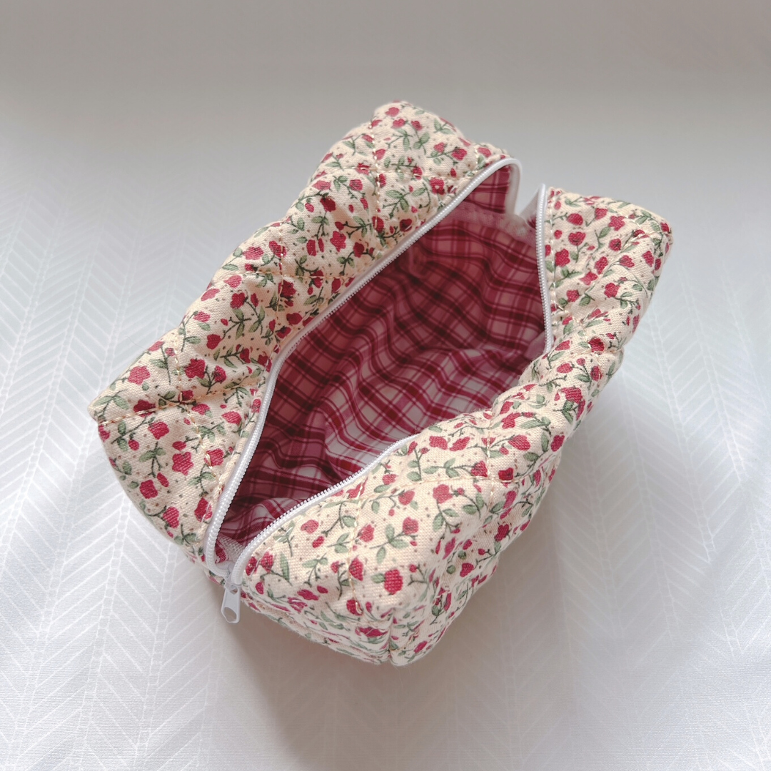 Quilted Cotton Red Floral Makeup Bag