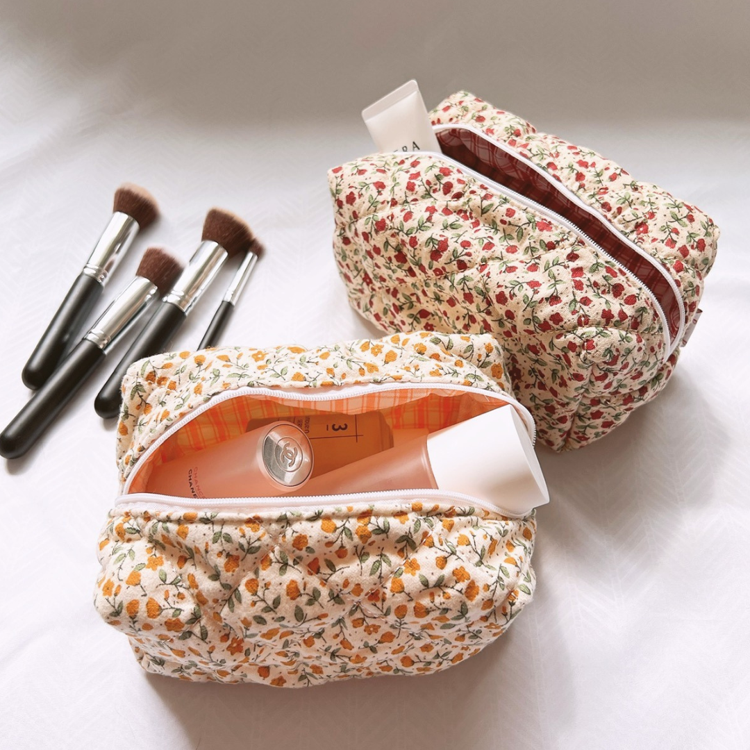 Quilted Cotton Orange Floral Makeup Bag