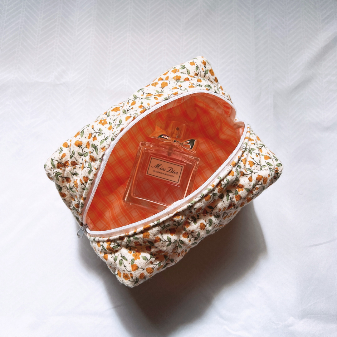 Quilted Cotton Orange Floral Makeup Bag