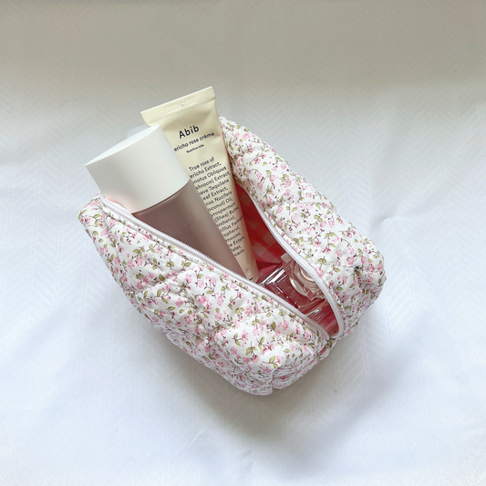 Quilted Cotton Pink Floral Makeup Bag