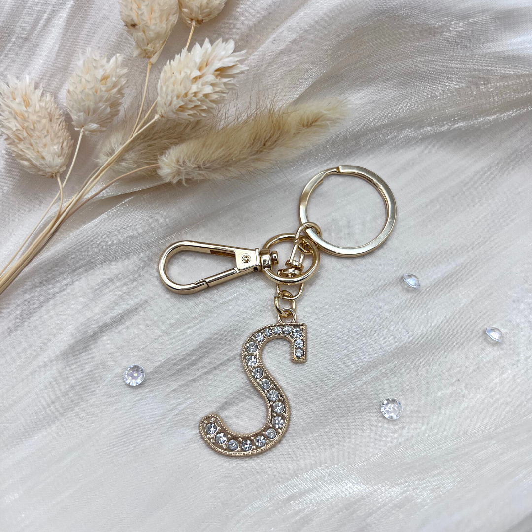 Gold Initial Keychain With Rhinestones