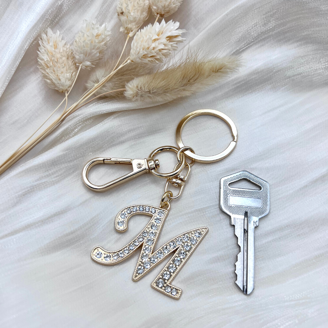 Gold Initial Keychain With Rhinestones